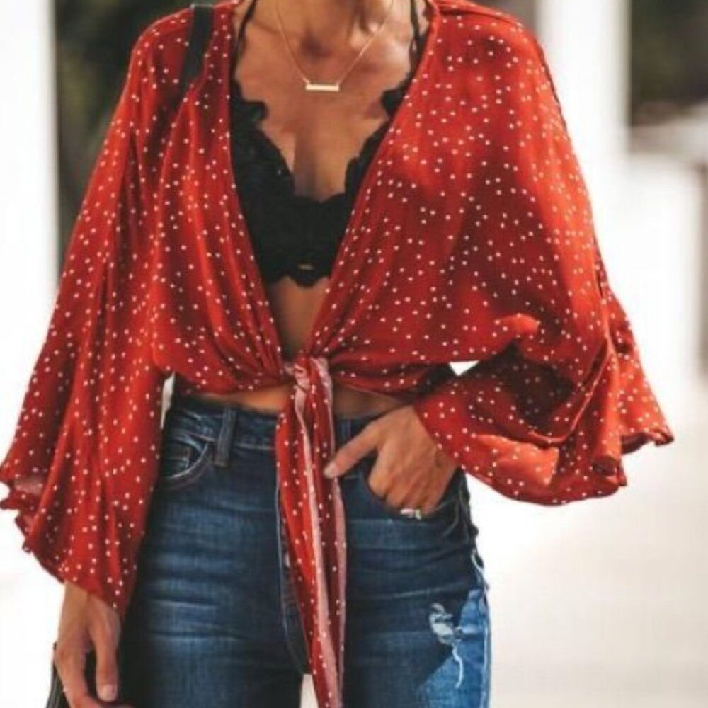 NWOT Vici Rustic Polka Dot Tie Blouse in Red